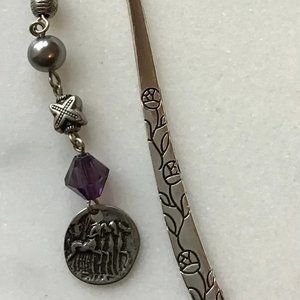 Tibetan Metal Bookmark Flower Engraved - Silver‎ - Purple Beads